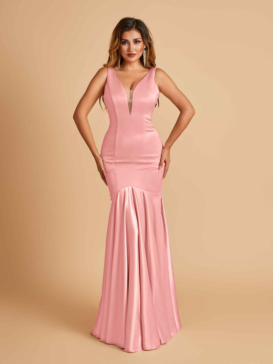 Satin Deep V-neck Mermaid Bridesmaid Dresses Half Open Back Floor Length