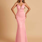 Satin Deep V-neck Mermaid Prom Dresses Open Back Floor Length