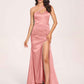 Sexy Satin One-shoulder Prom Dresses Side Slit Sheath Floor Length Long