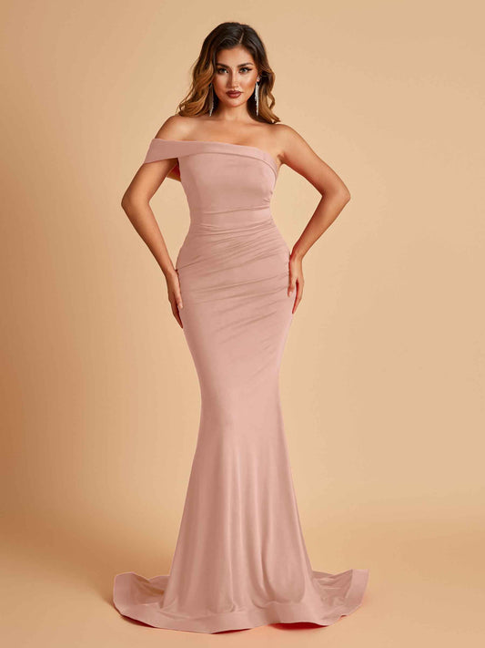 Sexy Jersey One Shoulder Bridesmaid Dresses Mermaid Pleats Floor Length Unique