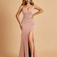 Jersey Mermaid Bridesmaid Dresses Spaghetti Straps V-neck Side Slit Pleats Floor Length
