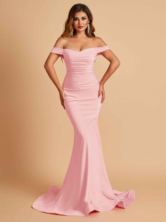 Jersey Mermaid Bridesmaid Dresses Off Shoulder Sweetheart Pleats Floor Length