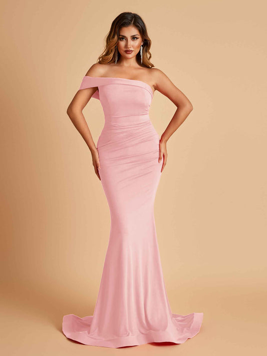 Sexy Jersey One Shoulder Bridesmaid Dresses Mermaid Pleats Floor Length Unique