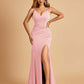 Jersey Mermaid Bridesmaid Dresses Spaghetti Straps V-neck Side Slit Pleats Floor Length