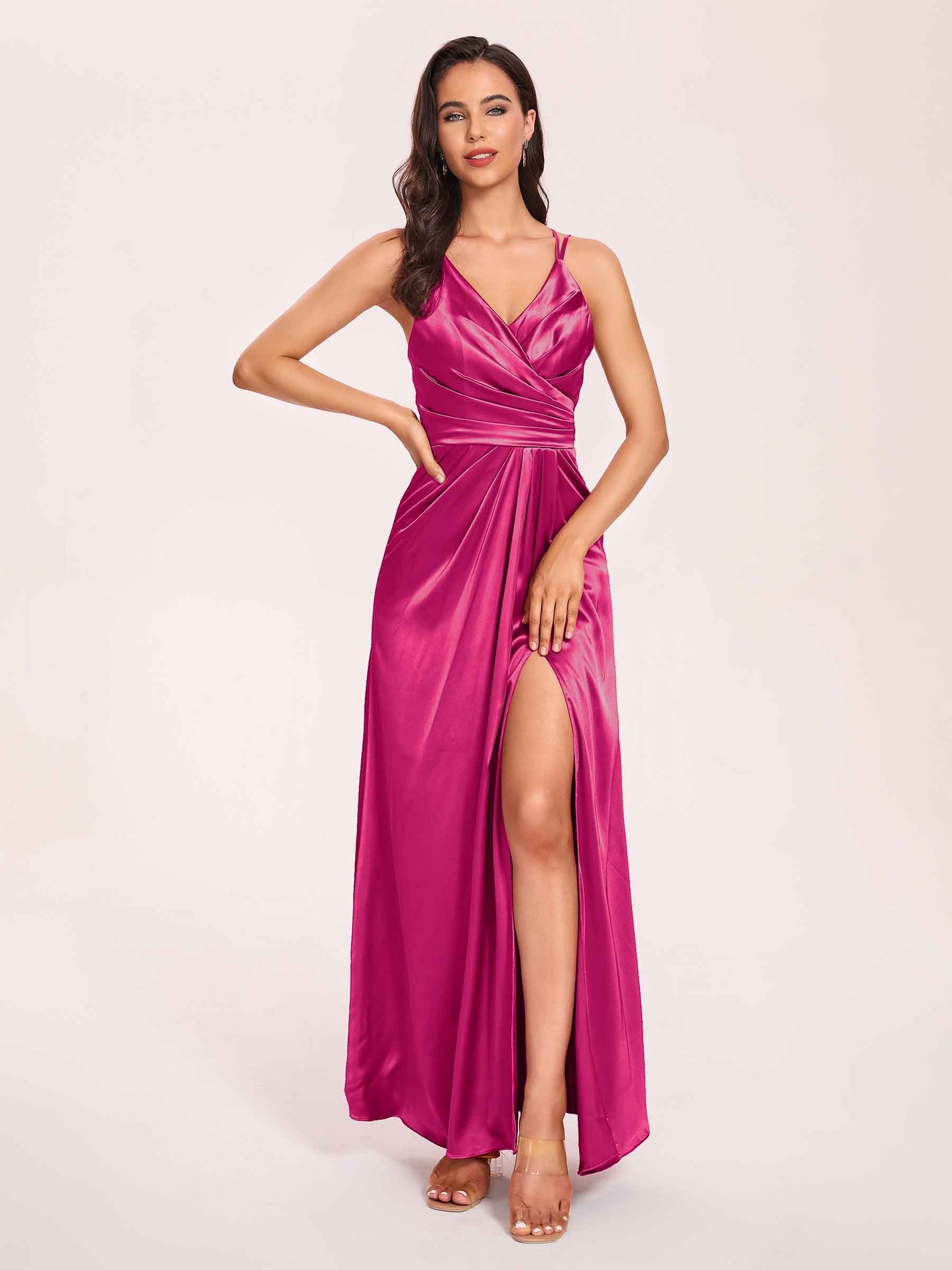 Sexy Satin A-line Bridesmaid Dresses Spaghetti Straps Side Slit V-neck Floor Length