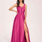 Satin V-neck A-line Prom Dresses Side slit Floor Length