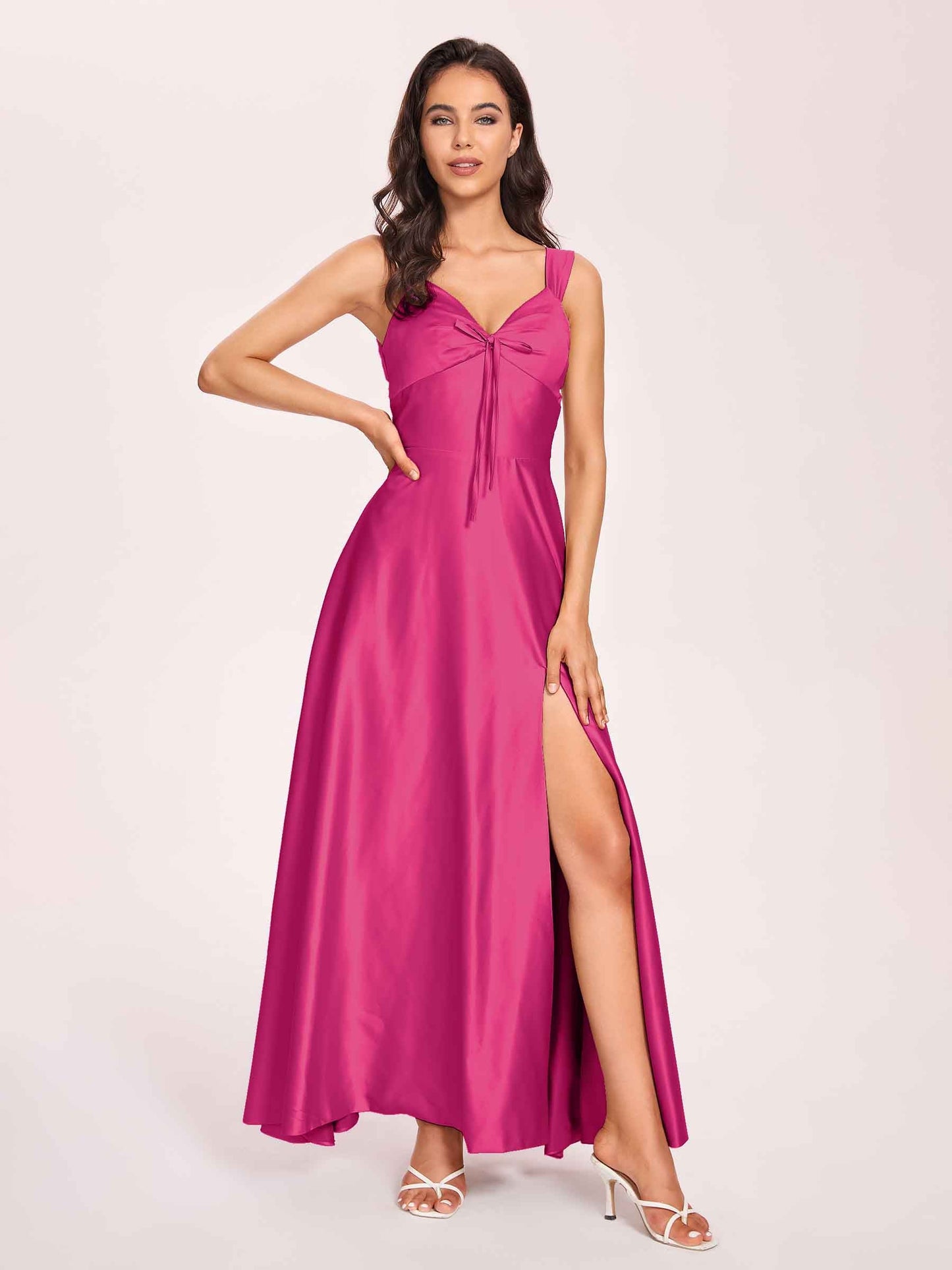 Satin V-neck A-line Prom Dresses Side slit Floor Length