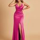 Sexy Satin Sheath Bridesmaid Dresses Spaghetti Straps V-neck Side Slit Pleats Floor Length