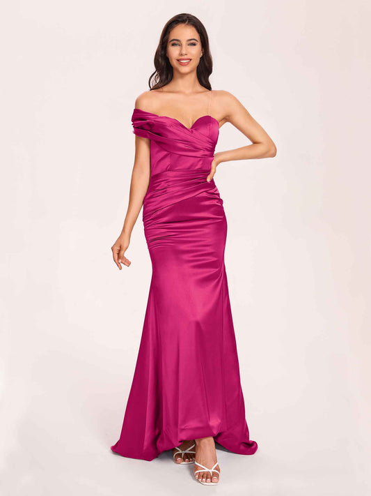 Satin One-shoulder Bridesmaid Dresses Pleats Floor Length Mermaid Long