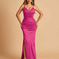 Satin Mermaid Long Bridesmaid Dresses Spaghetti Straps V-neck Side Slit Floor Length