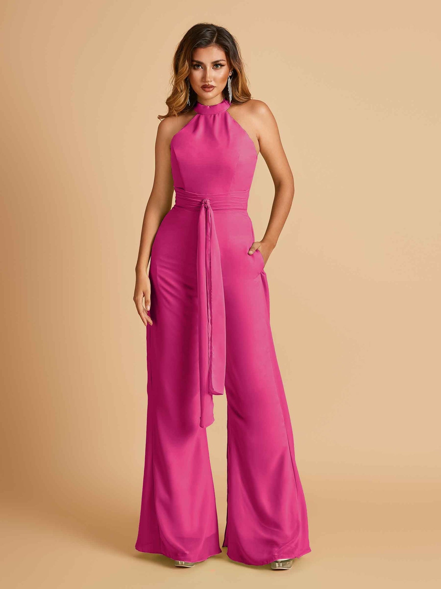 Chiffon Prom Jumpsuit Jewel Neck Sleeveless Floor Length With Pockets