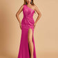 Unique Satin One Shoulder Sheath Bridesmaid Dresses Open Back Side Slit Floor Length