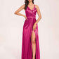 Sexy Satin A-line Prom Dresses Spaghetti Straps Side Slit V-neck Floor Length