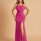 Satin Mermaid Long Prom Dresses Spaghetti Straps Scoop Side Slit Criss-cross Back
