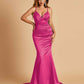 Satin Mermaid V-neck Prom Dresses Spaghetti Straps Floor Length