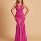 Satin Deep V-neck Mermaid Bridesmaid Dresses Half Open Back Floor Length