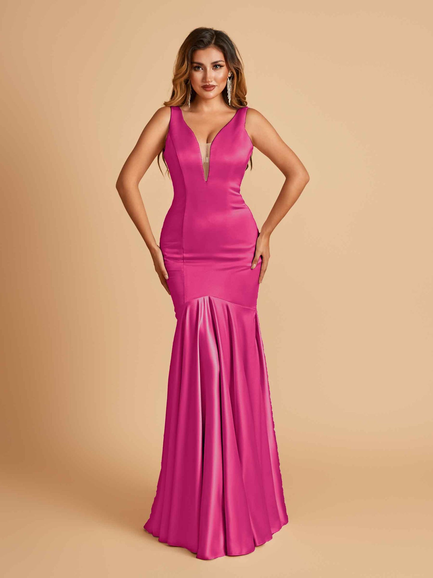Satin Deep V-neck Mermaid Bridesmaid Dresses Half Open Back Floor Length