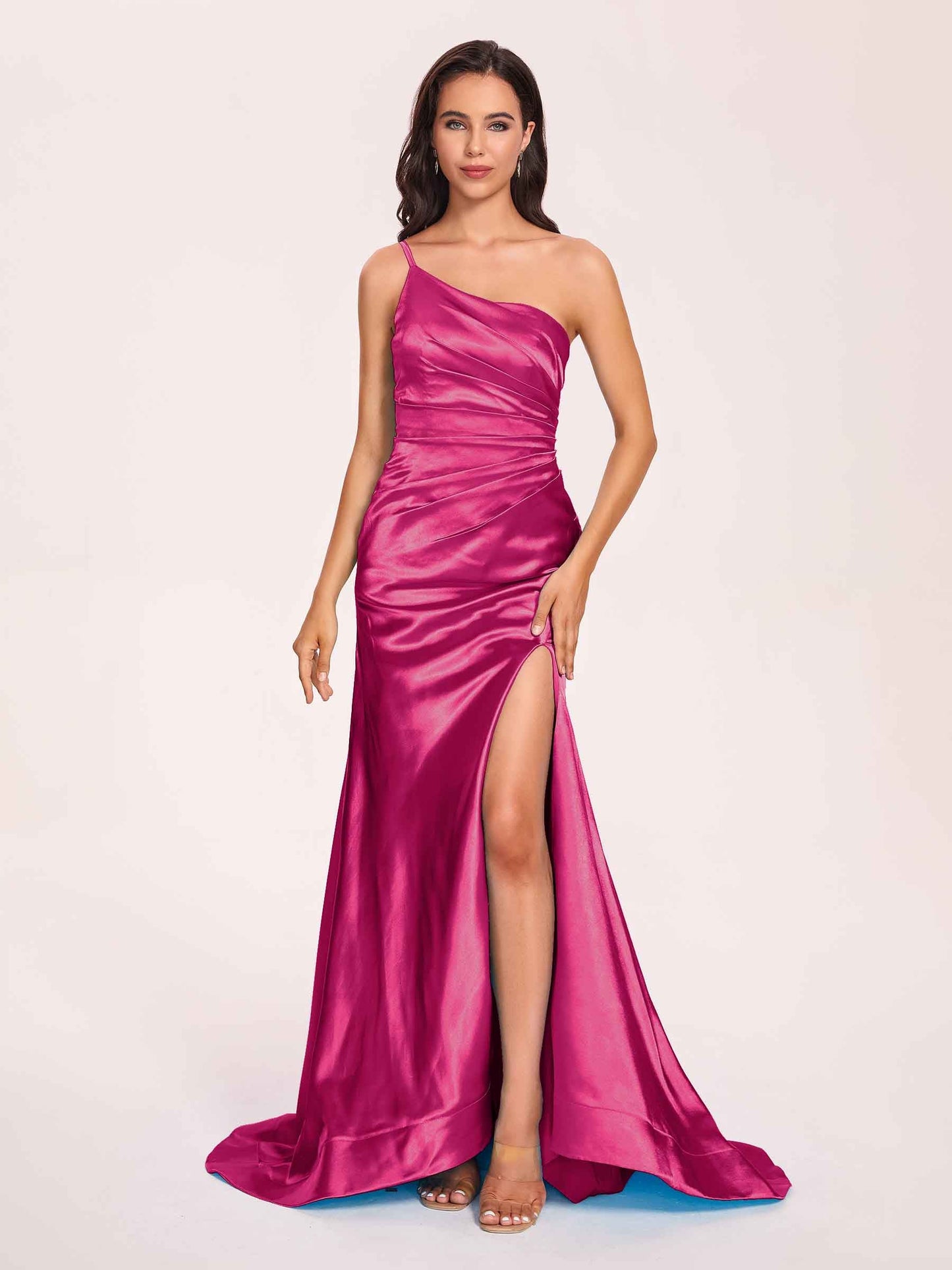 Satin One-shoulder Mermaid Prom Dresses Side Slit Pleats Floor Length