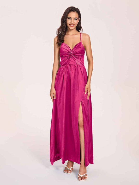 Satin Spaghetti Straps A-line Bridesmaid Dresses Side Slit Floor Length