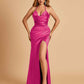 Sexy Satin Halter Straps Sheath Prom Dresses Side Slit Pleats Floor Length