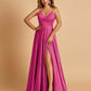Satin A-line Long Prom Dresses Spaghetti Straps V-neck Side Slit Floor Length