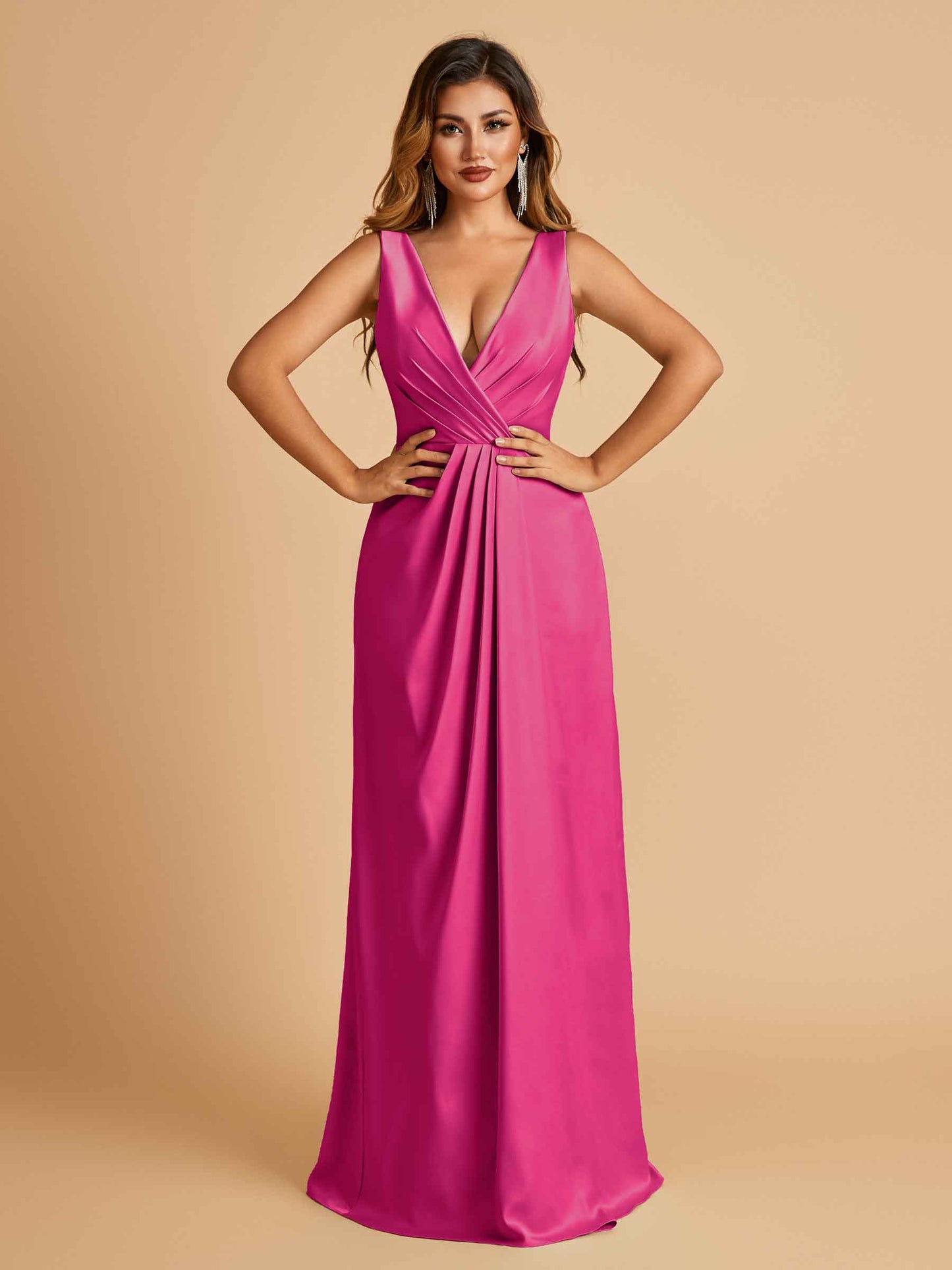 Sexy Satin Deep V-neck Long Bridesmaid Dresses A-line Pleats Sleeveless Floor Length