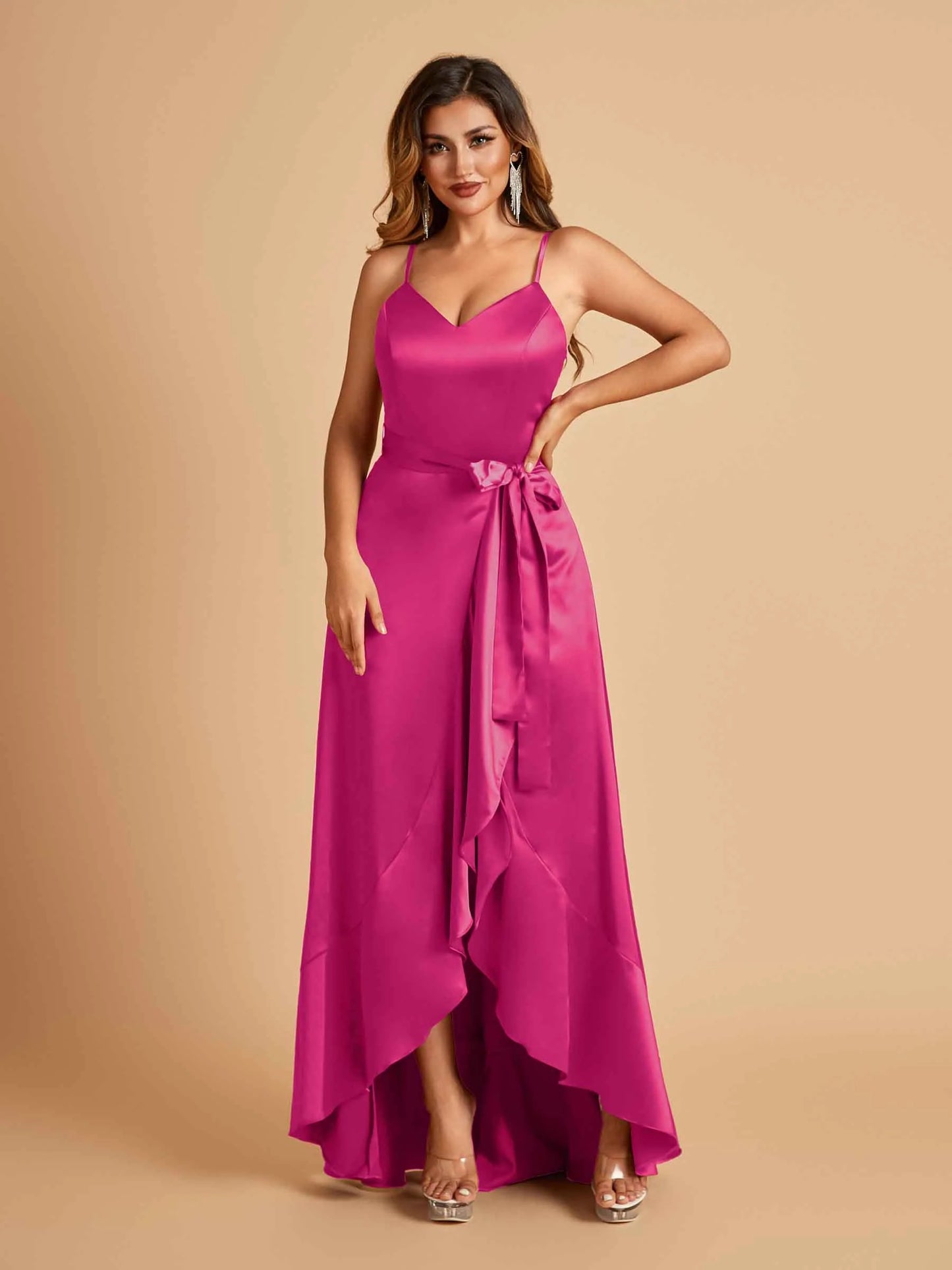 Satin Asymmetric V-neck Bridesmaid Dresses Sleeveless Side Slit A-line Unique For Sale