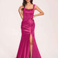 Sexy Satin Square Mermaid Bridesmaid Dresses Pleats Side-Slit Floor-Length Sleeveless