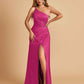Satin One Shoulder Sheath Prom Dresses Spaghetti Straps Side Slit Floor Length