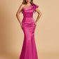 Satin One-shoulder Bridesmaid Dresses Ruffle Sleeves Mermaid Floor Length For Sale