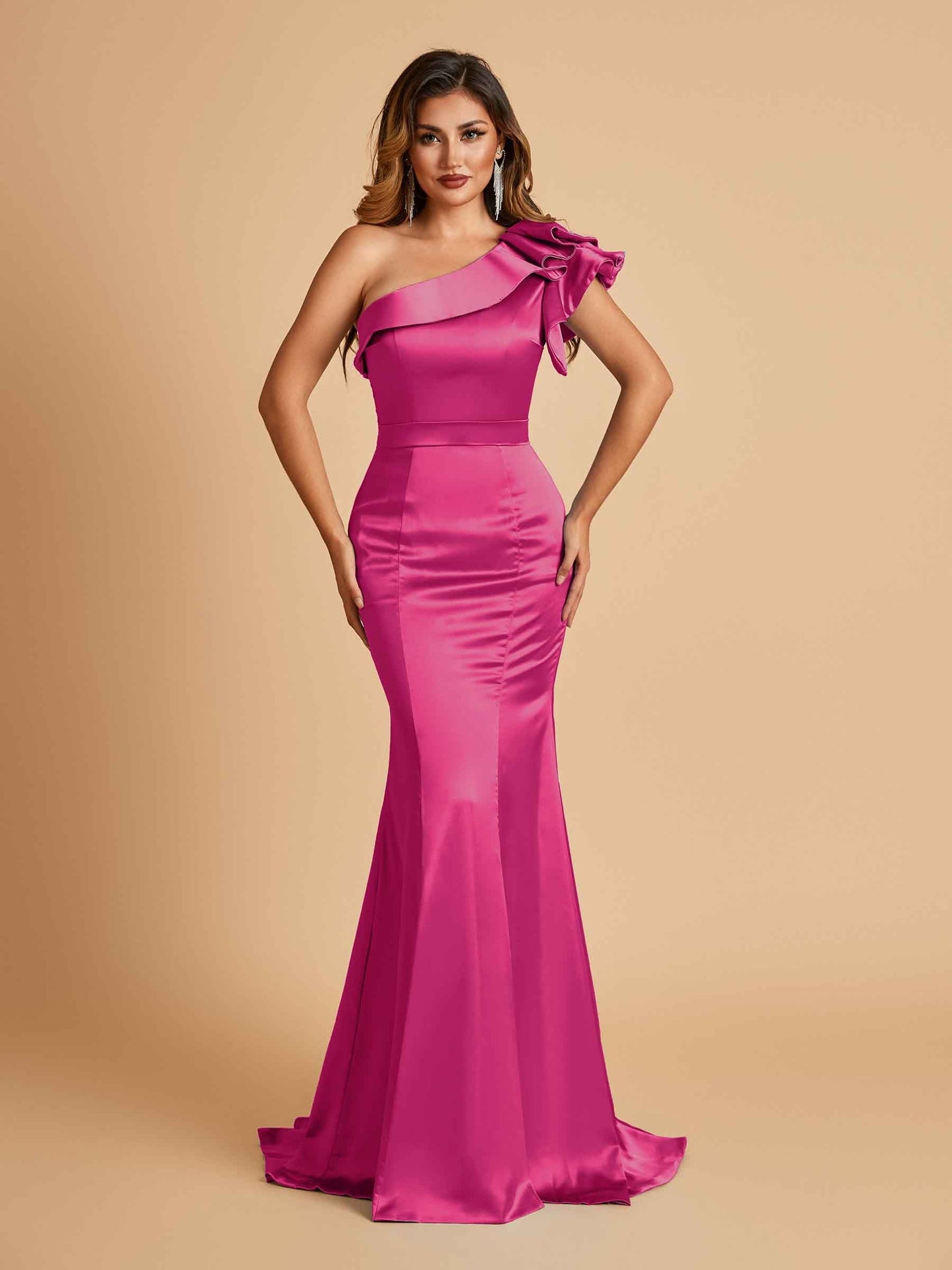 Satin One-shoulder Bridesmaid Dresses Ruffle Sleeves Mermaid Floor Length For Sale