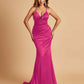 Satin Mermaid Open-back Prom Dresses Spaghetti Straps V-neck With Pleats Floor Length