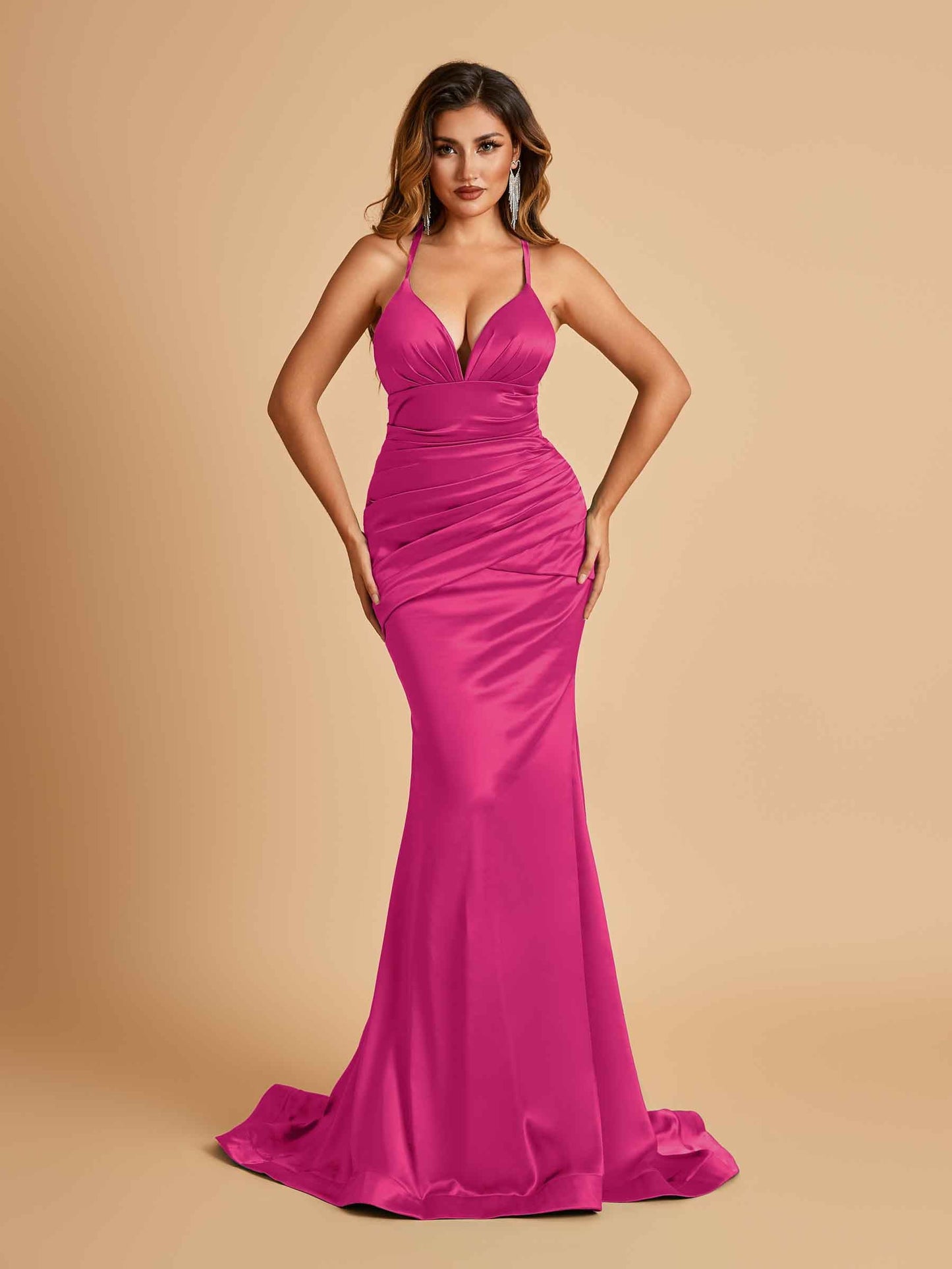 Satin Mermaid Open-back Prom Dresses Spaghetti Straps V-neck With Pleats Floor Length