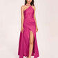 Sexy Satin Halter Strap Sheath Bridesmaid Dresses Side Slit Pleats Floor Length