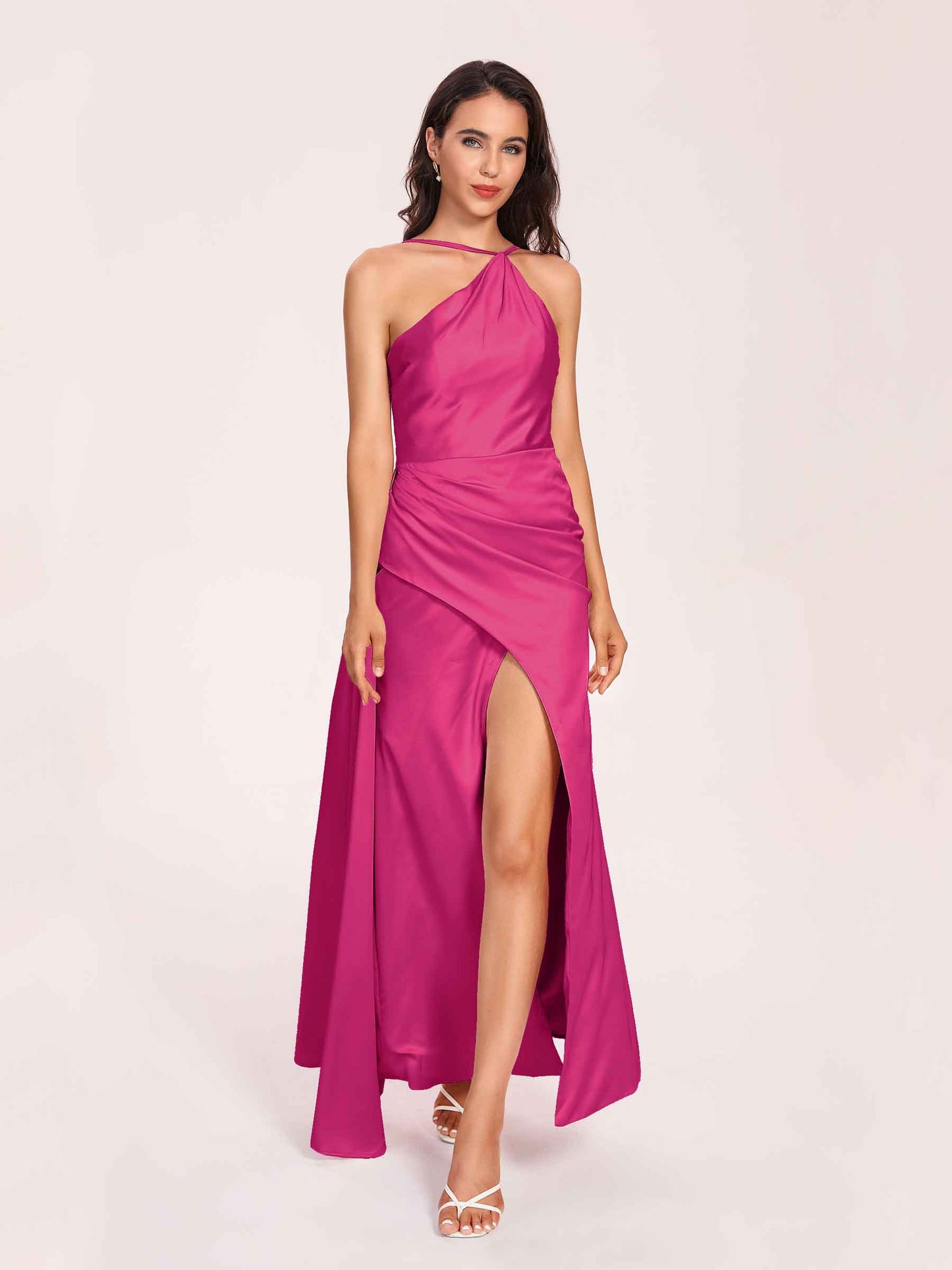 Sexy Satin Halter Strap Sheath Bridesmaid Dresses Side Slit Pleats Floor Length