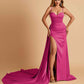 Sexy Satin Sheath Bridesmaid Dresses Spaghetti Straps Sweetheart Side Slit With Train