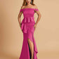 Satin Mermaid Off Shoulder Bridesmaid Dresses With Ruffles Side Slit Floor Length