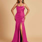 Sexy Satin Mermaid Prom Dresses Spaghetti Straps Scoop Side Slit Criss-cross Back