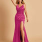 Sexy Satin Mermaid Prom Dresses Spaghetti Straps V-neck Side Slit Half Open Back