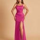 Satin Mermaid Long Bridesmaid Dresses Spaghetti Straps Scoop Side Slit Criss-cross Back
