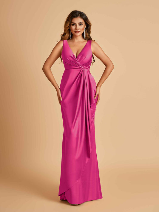 Sexy Satin Sheath V-neck Bridesmaid Dresses Strapless Floor Length