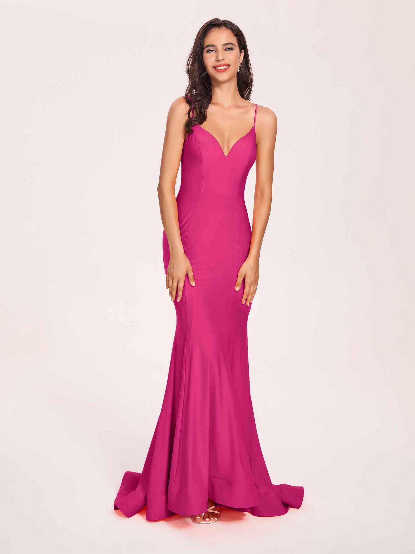 Sexy Satin Mermaid Prom Dresses Spaghetti Straps V-neck Floor Length Lace-up Back