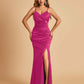 Sexy Satin Mermaid Bridesmaid Dresses Spaghetti Straps V-neck Side Slit Floor Length