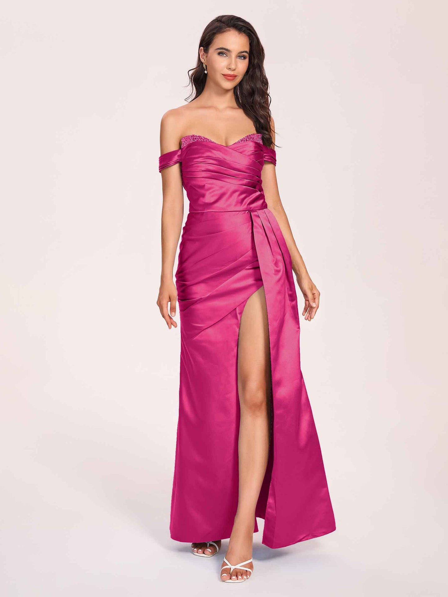 Elegant Satin Off Shoulder Bridesmaid Dresses Side-slit Sweetheart Floor Length Sheath