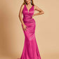 Sexy Satin Criss-cross Back Prom Dresses Mermaid Deep V-neck Back Pleats Floor Length