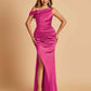 Unique Satin One Shoulder Prom Dresses Side Slit Half Open Back Floor Length