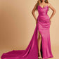 Sexy Satin Sheath Bridesmaid Dresses Strapless Sweetheart Side Slit With Train