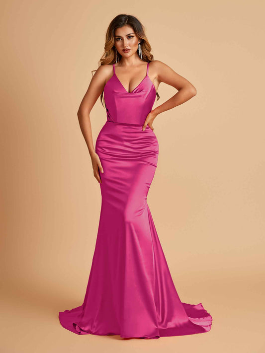Sexy Satin Mermaid Bridesmaid Dresses Spaghetti Straps V-neck Pleats Floor Length