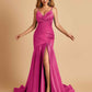 Sexy Satin Mermaid Open Back Prom Dresses Spaghetti Straps V-neck Side Slit