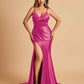 Satin Mermaid V-neck Bridesmaid Dresses Spaghetti Straps Side Slit Floor Length